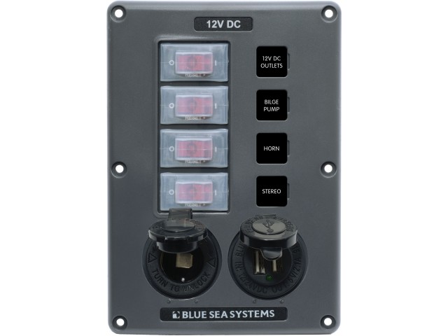Blue Sea Systems 4321 / suya dayanıklı sigorta paneli. 4 lü + USB + 12V soket