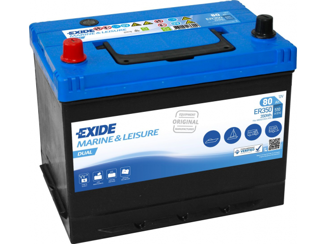 Exide ER350 Dual Marin Servis ve Start Aküsü Kapalı Bakımsız Sulu 12V - 80Ah  / Marine DNV-GL Sertifikalı ( Dual Purpose )